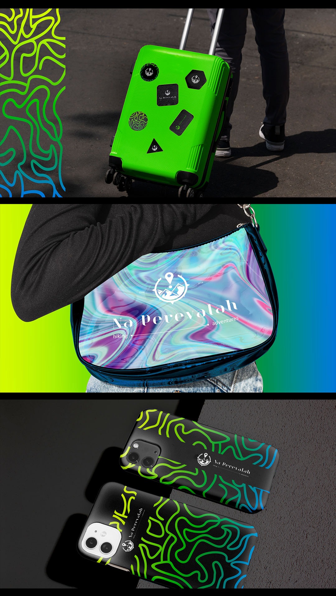 Kompozycja przedstawiająca neonowo-zieloną walizkę na kółkach z naklejkami, torebkę z nadrukiem abstrakcyjnym i logo, oraz dwa czarne etui na telefon z zielono-niebieskim wzorem i logo.