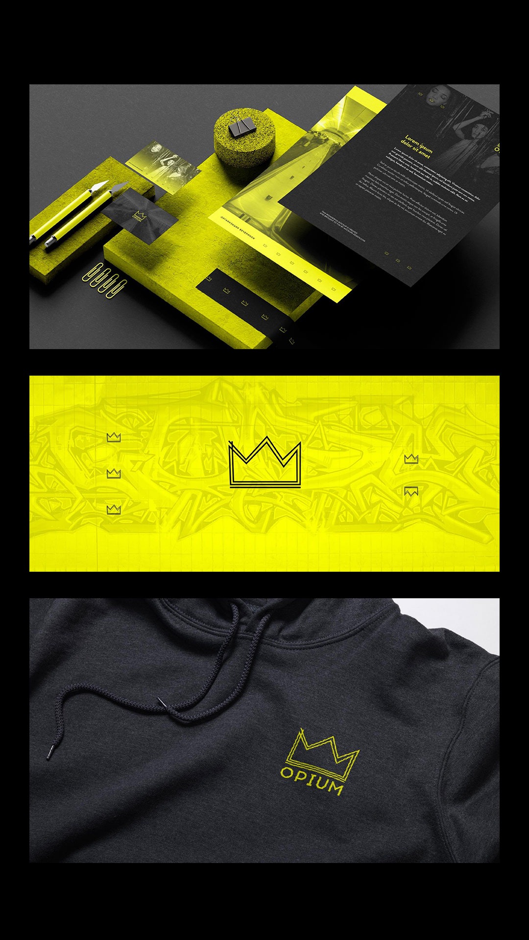 Zestaw materiałów promocyjnych w kolorach czerni i neonowej żółci, zawierający wizytówkę z motywem korony, ulotkę z tekstem 'Lorem ipsum', długopisy, spinacze oraz bluzę z kapturem z logo firmy...