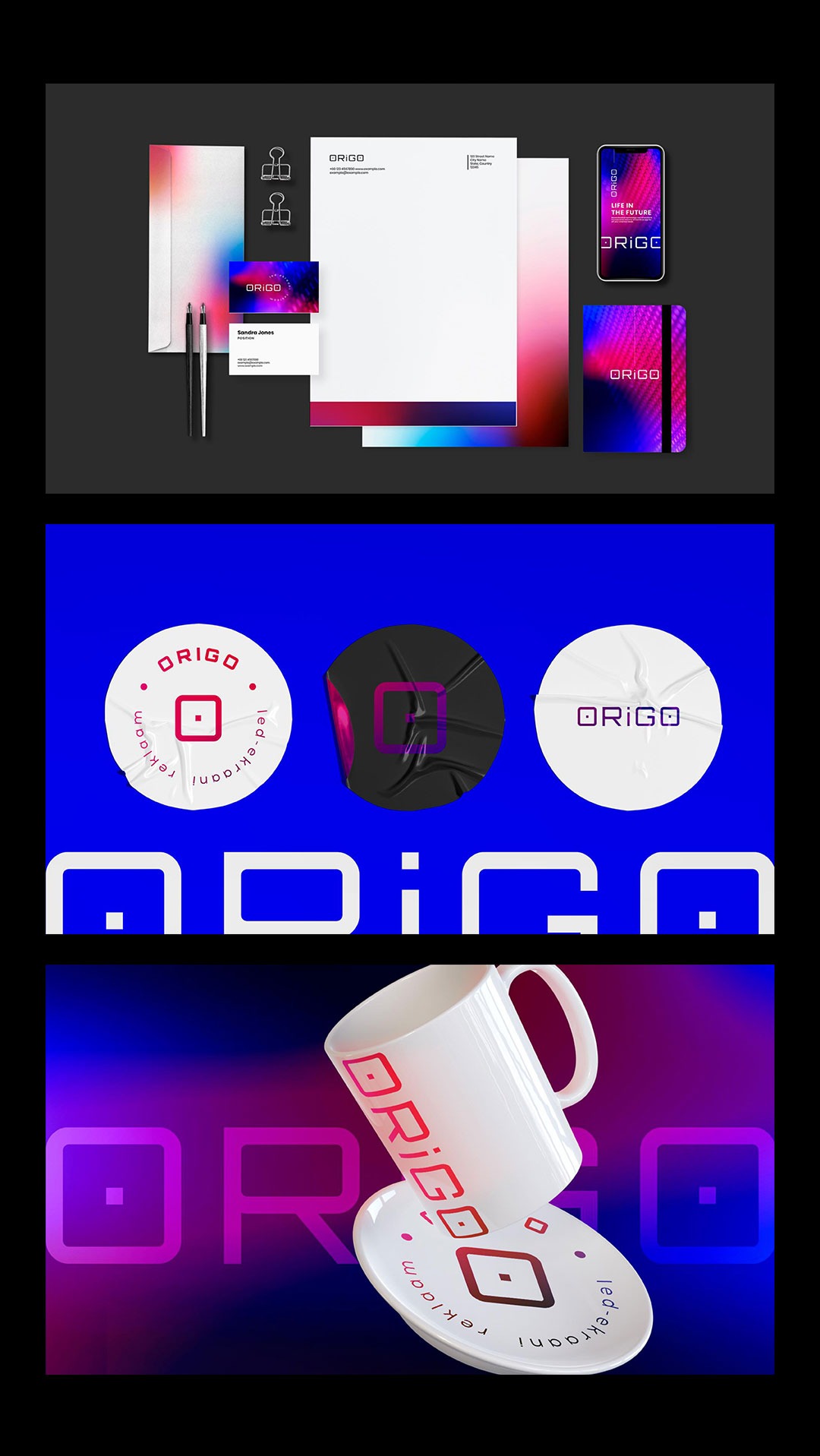 Kompletny branding firmy 'Origo' z wizytówką, papierem firmowym, kopertą, notatnikiem, telefonem, naklejkami i kubkiem z logo, utrzymany w futurystycznej stylistyce z gradientami kolorów.