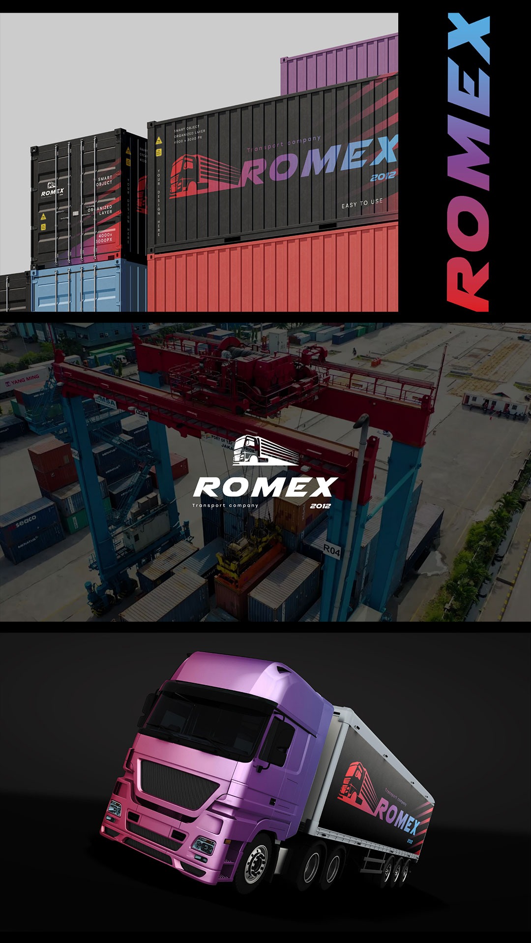 Wizualizacja identyfikacji firmy transportowej: kontenery z logo firmy ustawione jeden na drugim, widok z lotu ptaka na terminal kontenerowy z suwnicą i logo, oraz fioletowa ciężarówka z naczepą...