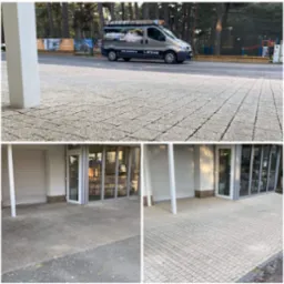 Efekt mycia kostki brukowej przed lokalem usługowym, widoczny kontrast czystości. W tle zaparkowany bus firmy oferującej usługi czyszczenia.