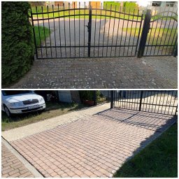 RENOWATOR KAROL PRZEŹDZIĘK - Zdjęcie 'przed i po' ukazujące różnicę w czystości kostki brukowej przed i po zabiegu. Górna część brudna, dolna czysta z bramą w tle.