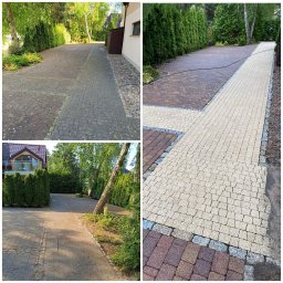 RENOWATOR KAROL PRZEŹDZIĘK - Porównanie: kostka brukowa przed i po czyszczeniu. Widoczne różnice w kolorze i czystości, otoczenie z zielenią. Trzy kadry prezentują efekt prac.