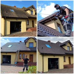 RENOWATOR KAROL PRZEŹDZIĘK - Czteropanelowe ujęcie domu przed i po czyszczeniu dachu, z dekarzem podczas pracy na dachu i uśmiechniętym pracownikiem stojącym obok drabiny.