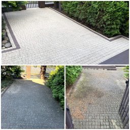RENOWATOR KAROL PRZEŹDZIĘK - Zdjęcie typu 'przed i po' prezentujące efekt czyszczenia kostki brukowej. Górna część ukazuje czystą, jasną kostkę z bordurą, dolna - zabrudzoną, ciemną kostkę.