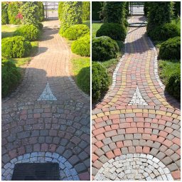 RENOWATOR KAROL PRZEŹDZIĘK - Zdjęcie 'przed i po' mycia kostki brukowej na ścieżce ogrodowej z ozdobnym wzorem, ukazujące różnicę w czystości i kolorze kostki. Widoczny fragment trawnika i krzewów.
