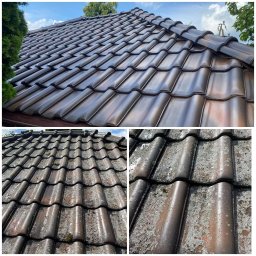 RENOWATOR KAROL PRZEŹDZIĘK - Porównanie dachu przed i po czyszczeniu. Górna część: czysta, brązowa dachówka. Dolna część: dachówka pokryta mchem i zabrudzeniami. Widok z góry, w słoneczny dzień.