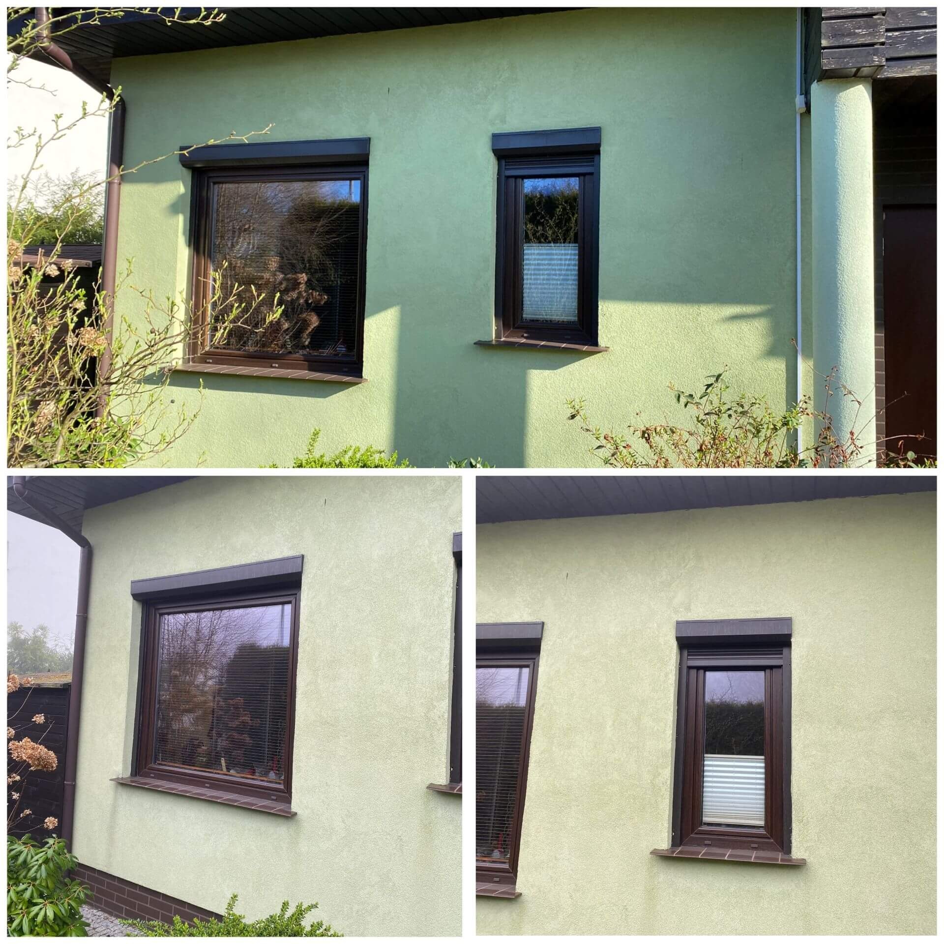 Fragment fasady domu z oknami z brązowymi ramami i roletami zewnętrznymi. Jasnozielona elewacja o chropowatej strukturze. Widoczne elementy roślinności.