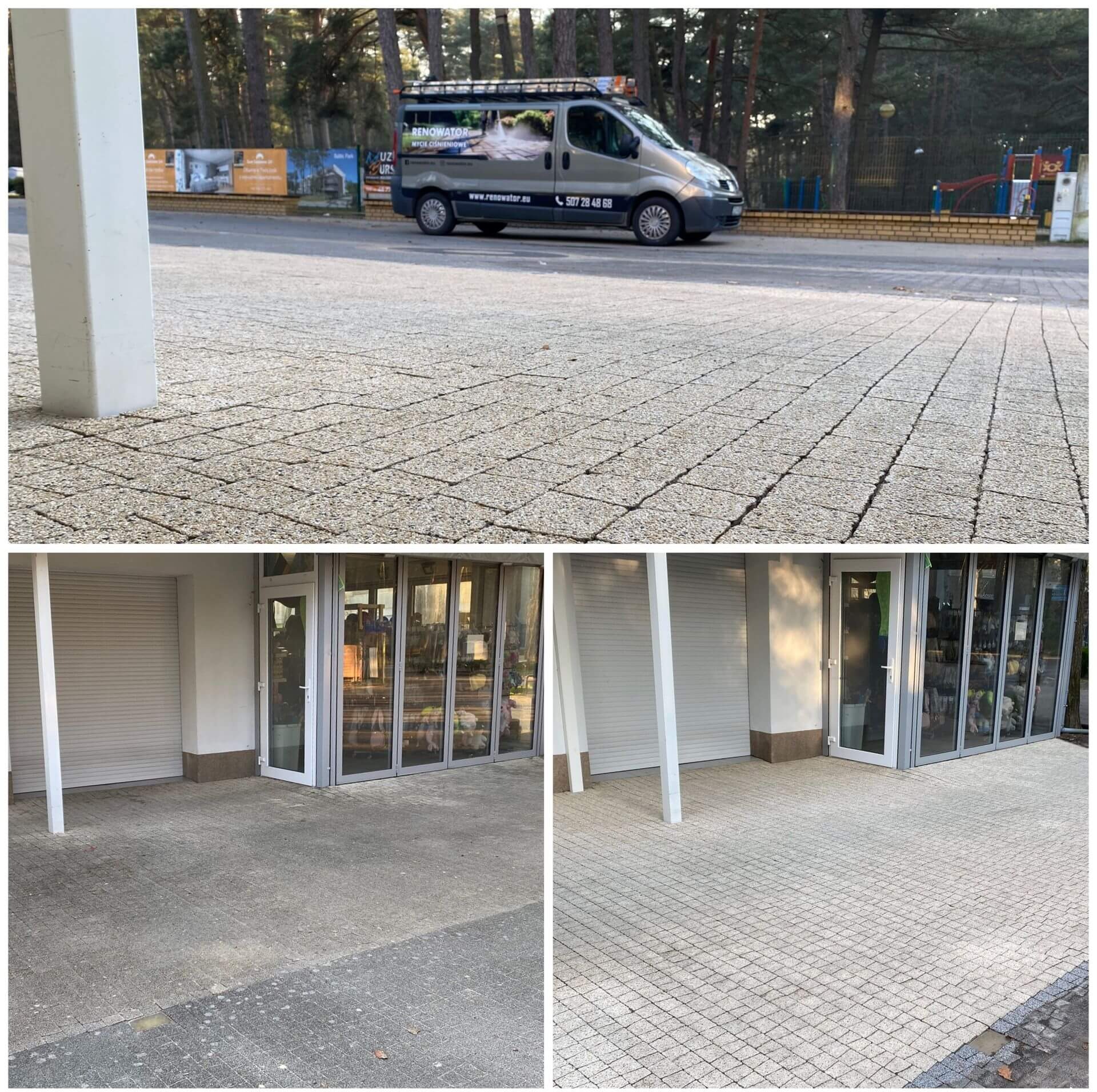 Efekt mycia kostki brukowej przed lokalem usługowym, widoczny kontrast czystości. W tle zaparkowany bus firmy oferującej usługi czyszczenia.