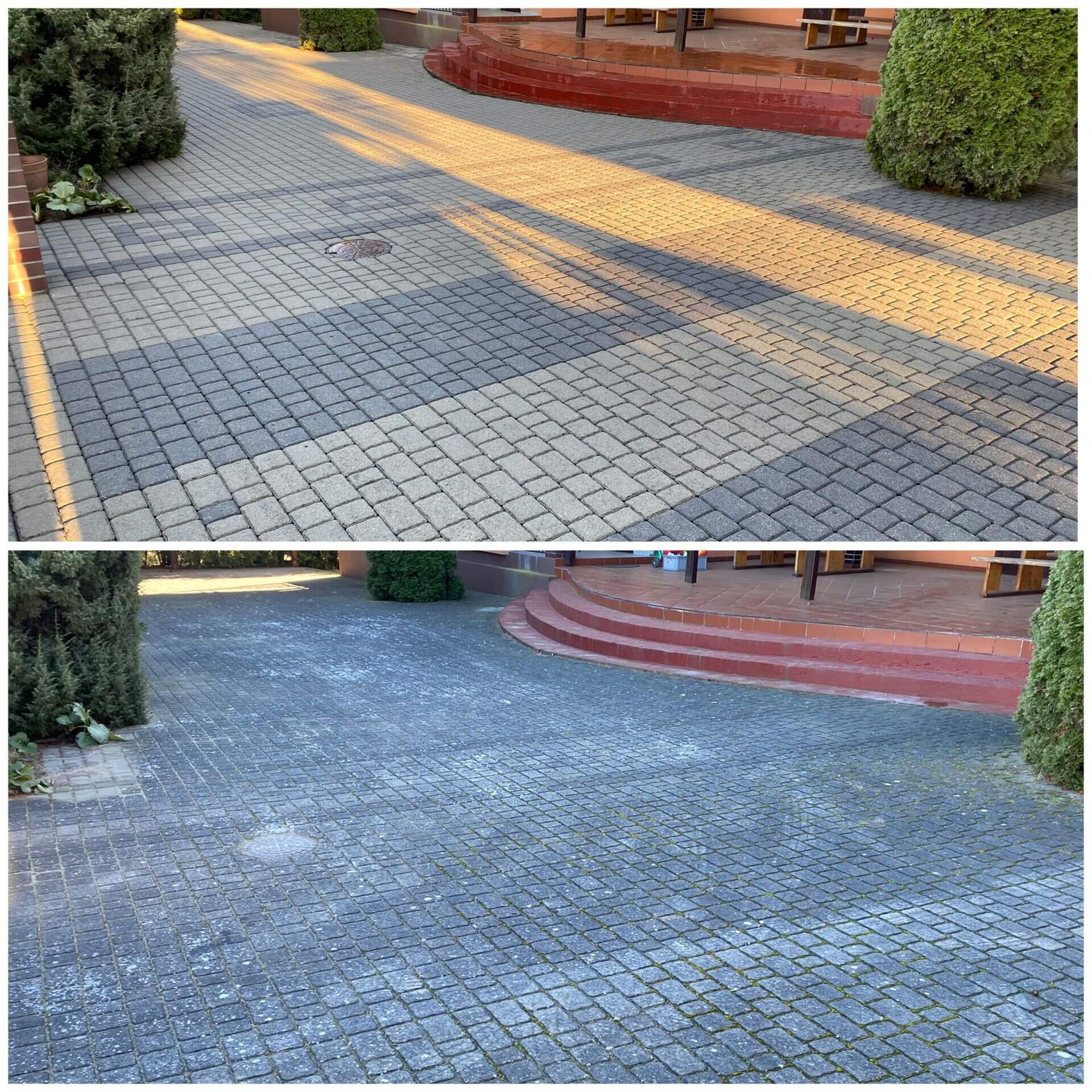 Porównanie kostki brukowej przed i po czyszczeniu. Górna część jaśniejsza, czysta, dolna ciemniejsza, zabrudzona. Widoczne krzewy i schody.