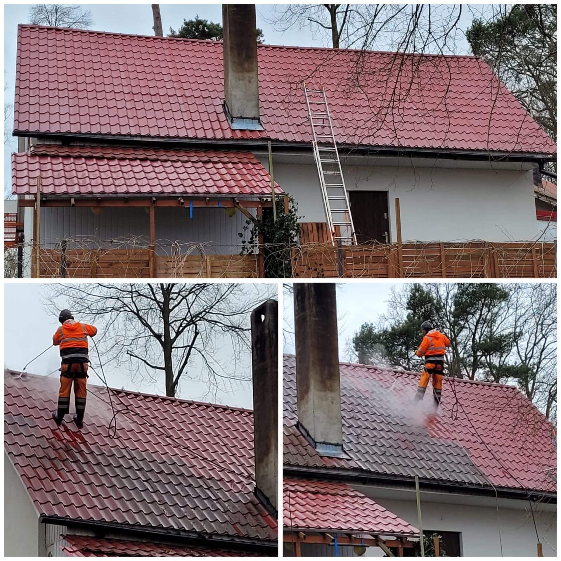 Dwuczęściowe ujęcie dachu z czerwonej dachówki: górne przed, dolne w trakcie czyszczenia pod ciśnieniem przez pracownika w kombinezonie ochronnym.