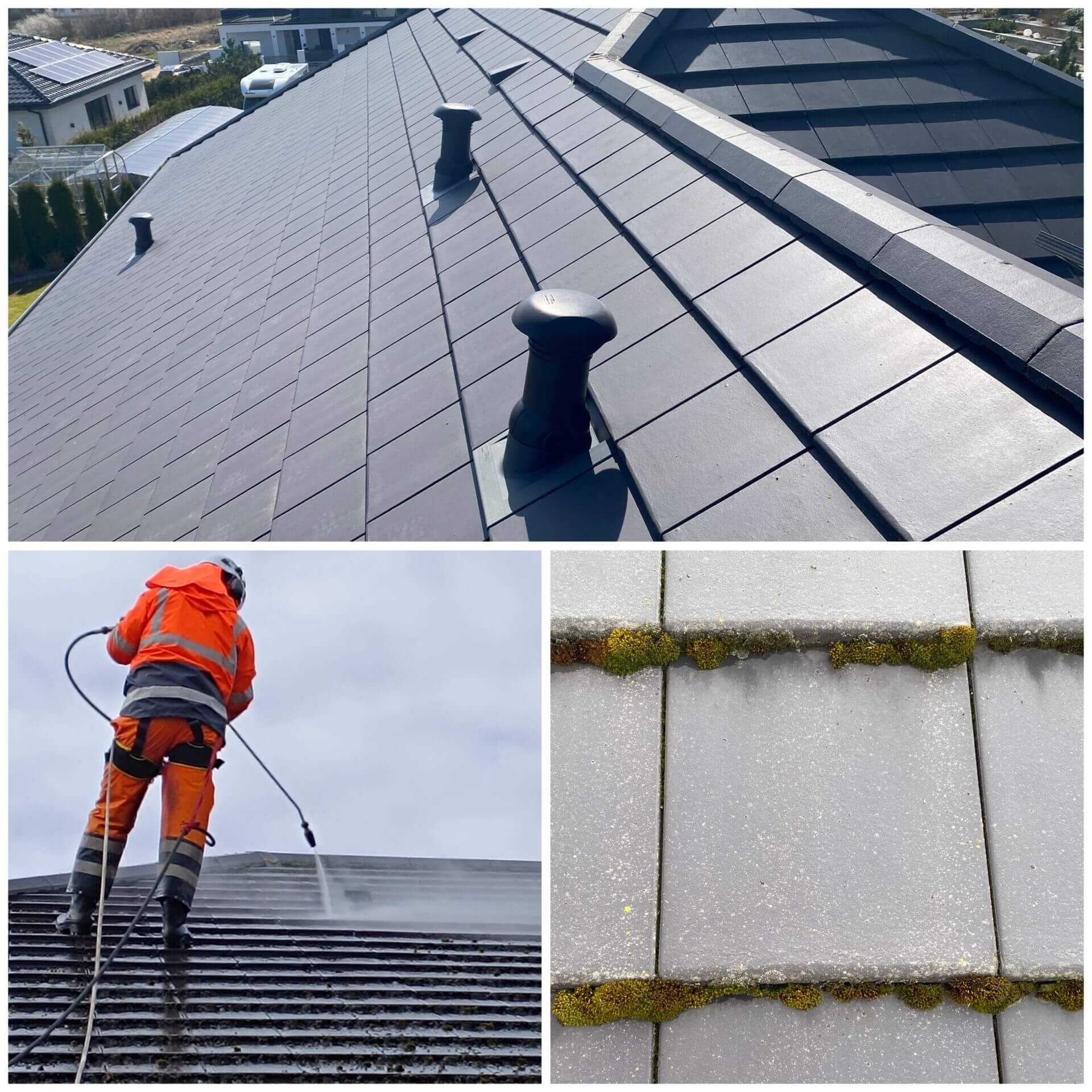 Czyszczenie dachu z szarej dachówki. Ujęcie z pracownikiem w pomarańczowym kombinezonie czyszczącym dach myjką ciśnieniową oraz zbliżenie na dachówkę z mchem.