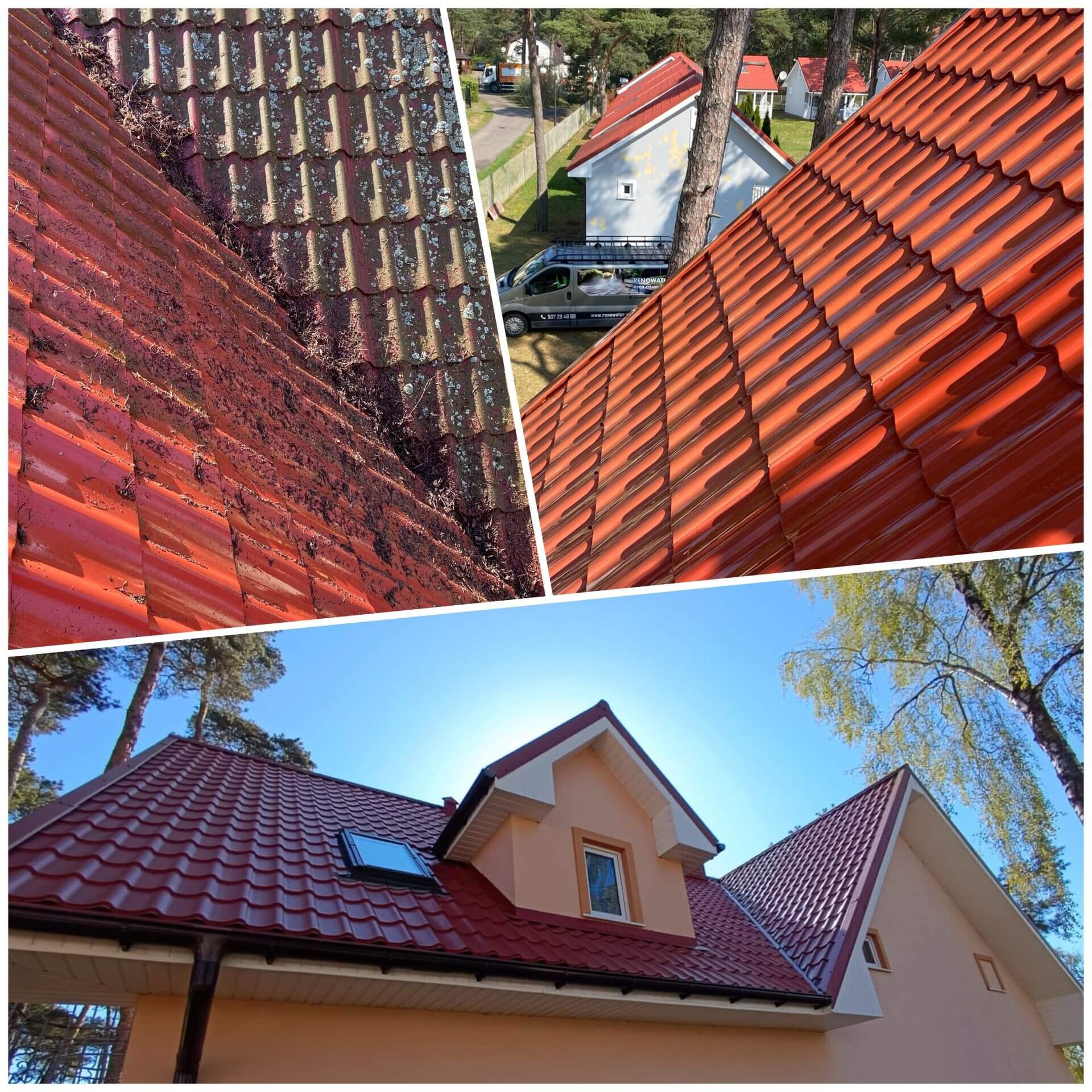 Kolaż dachu przed i po czyszczeniu, ukazujący kontrast między zabrudzoną a lśniącą, czerwoną dachówką. Widoczne detale: mech i porosty na starej powierzchni, gładka powierzchnia po.