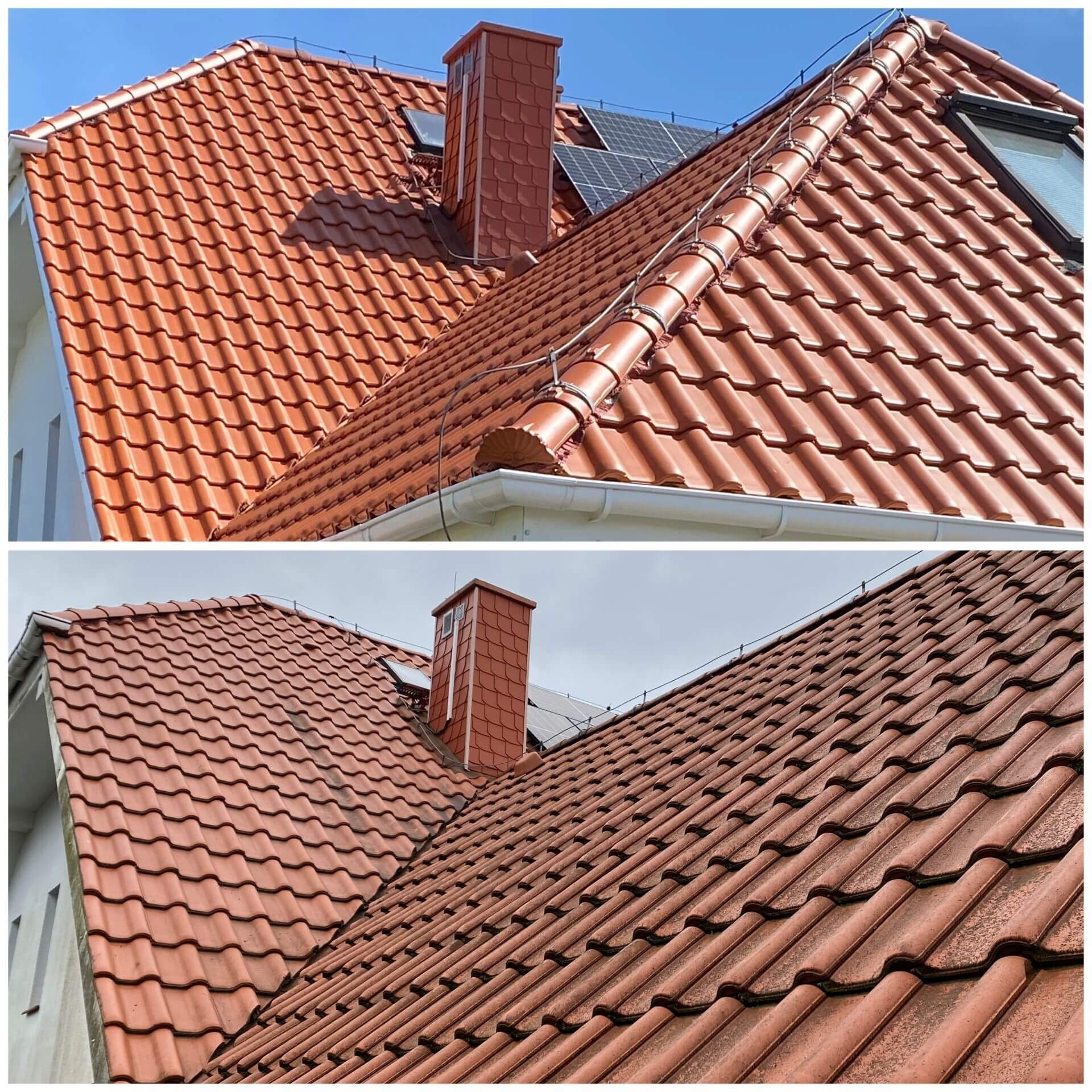 Zdjęcie 'przed i po' prezentuje efekt umycia dachu z czerwonej dachówki. Górna część kadru ukazuje czystą powierzchnię, dolna – zabrudzoną. Widoczne panele słoneczne i komin.