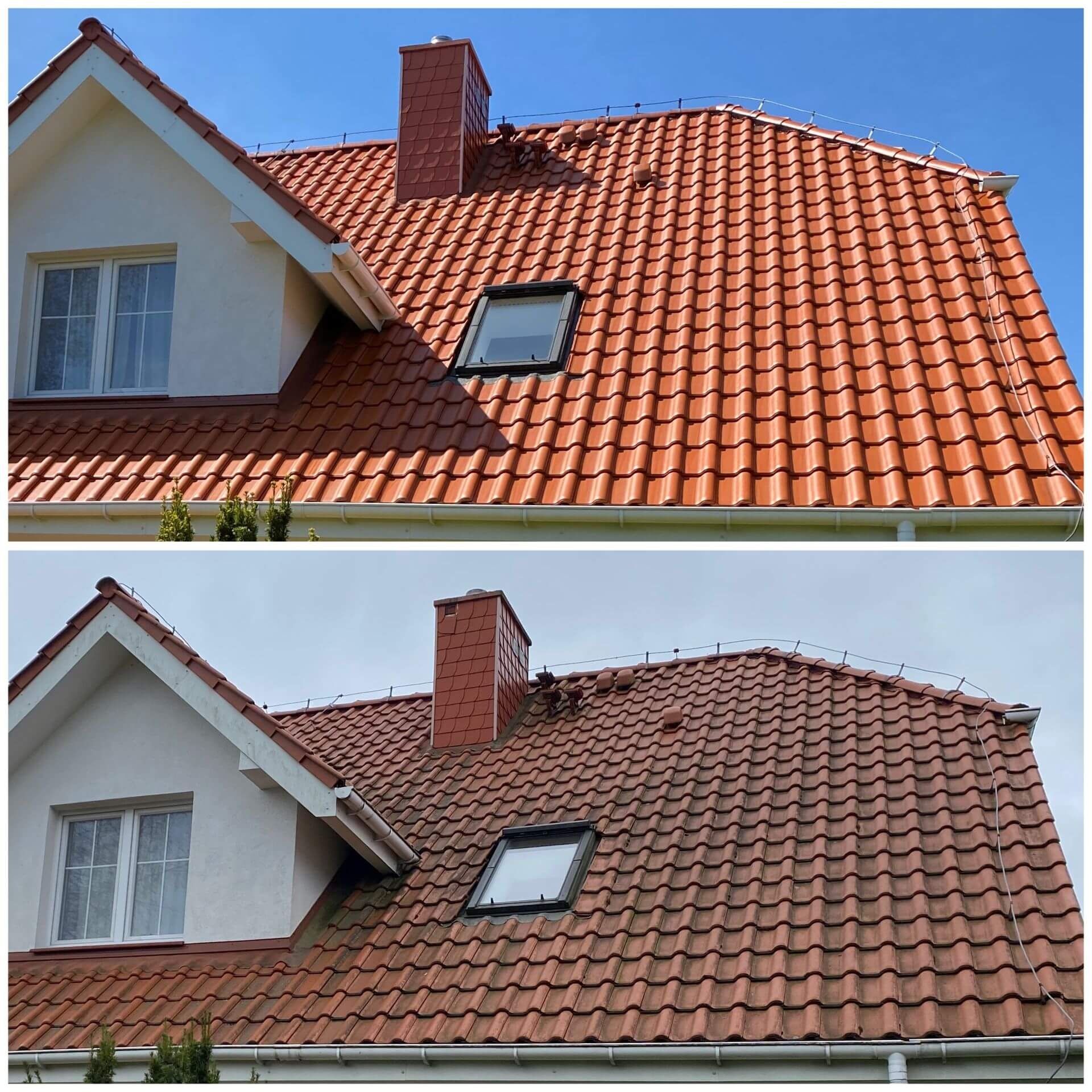 Zdjęcie dachu przed i po czyszczeniu. Górna część kadru przedstawia czysty dach, dolna - zabrudzony. Widoczny komin i okno dachowe.