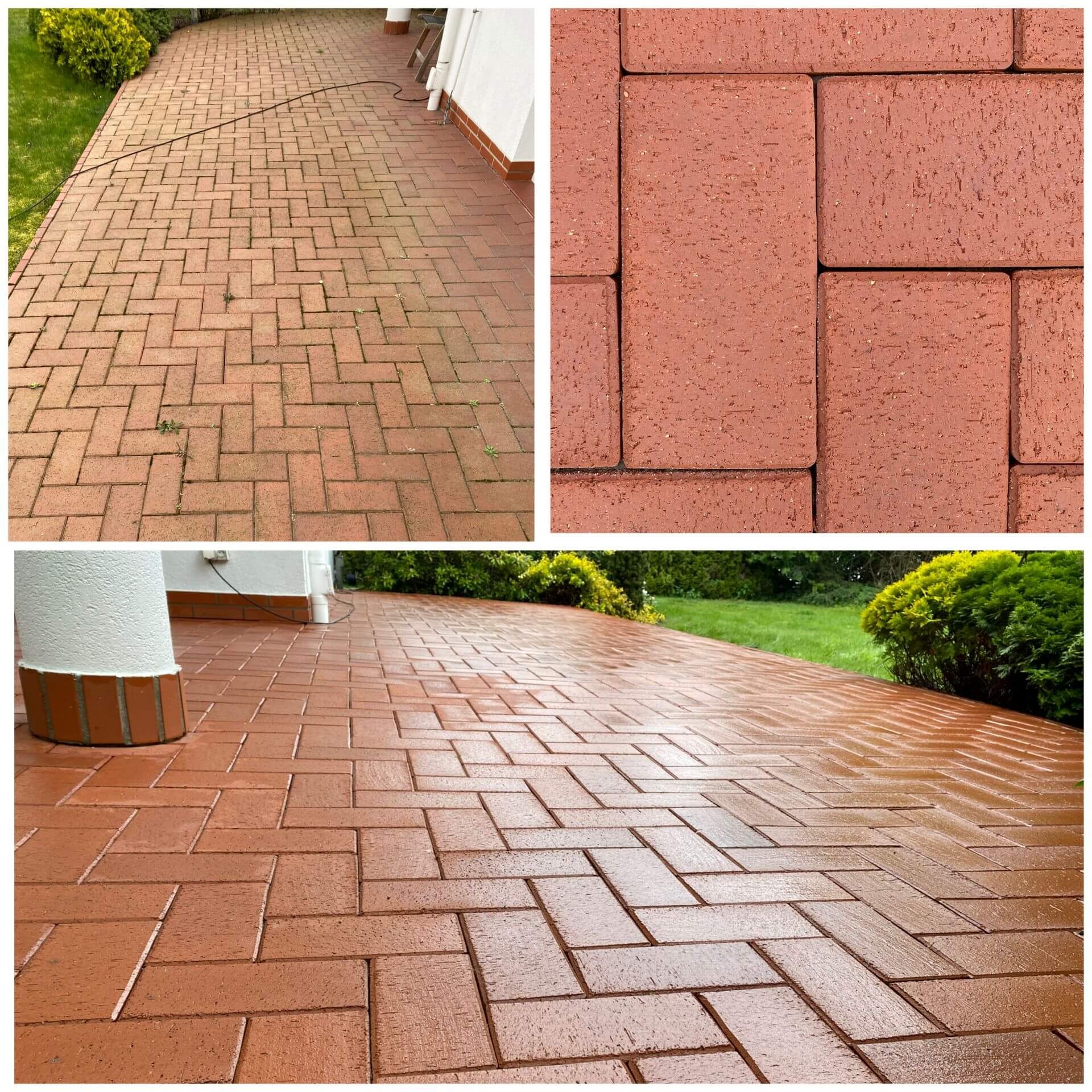 Porównanie kostki brukowej przed i po myciu. Lewa strona brudna, prawa czysta i mokra. Widoczna struktura kostki po czyszczeniu. Ułożenie w jodełkę.