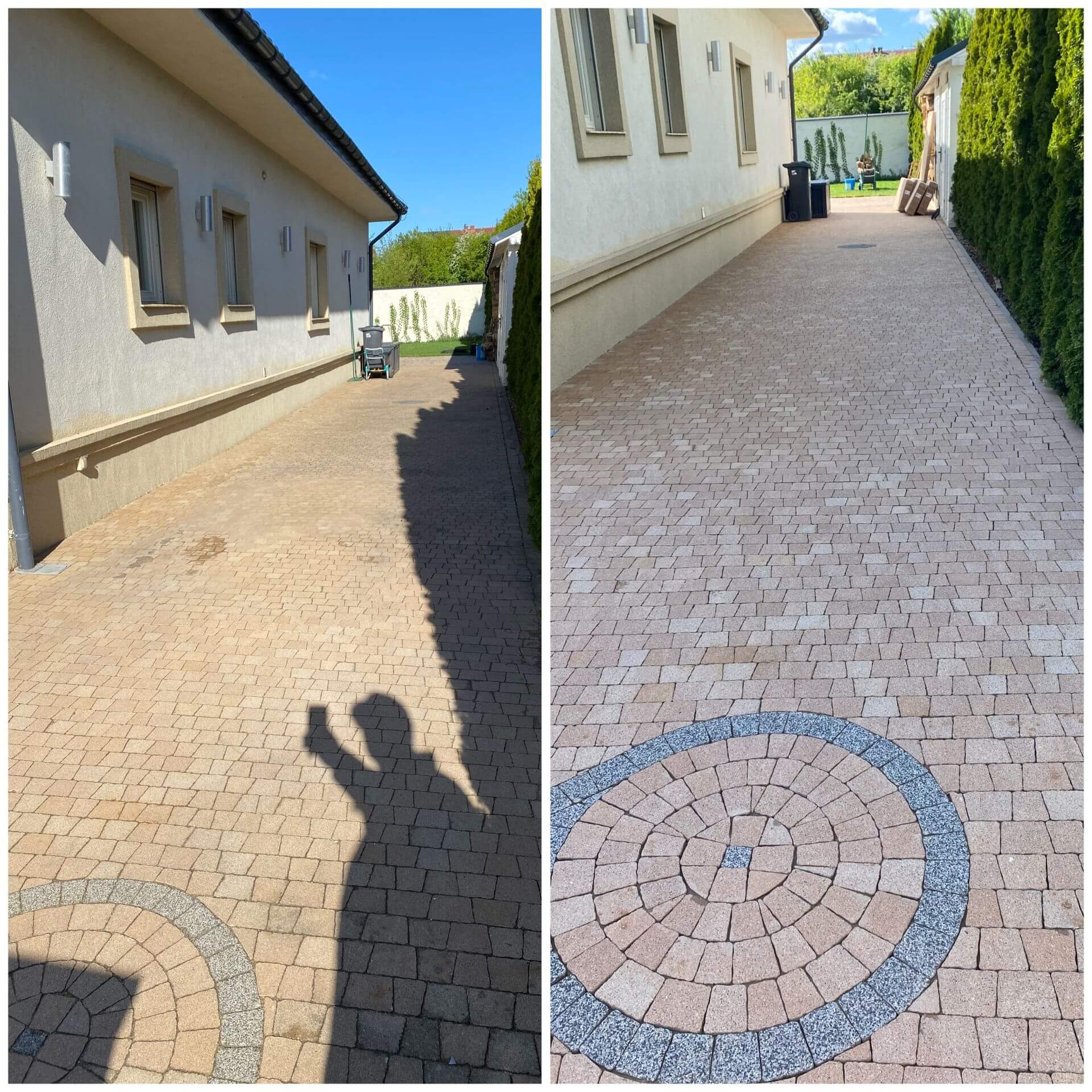 Kostka brukowa przed i po czyszczeniu, widoczny wzór z szarego kamienia. Po prawej strone kostka czysta, po lewej zabrudzona. Cień osoby robiącej zdjęcie.