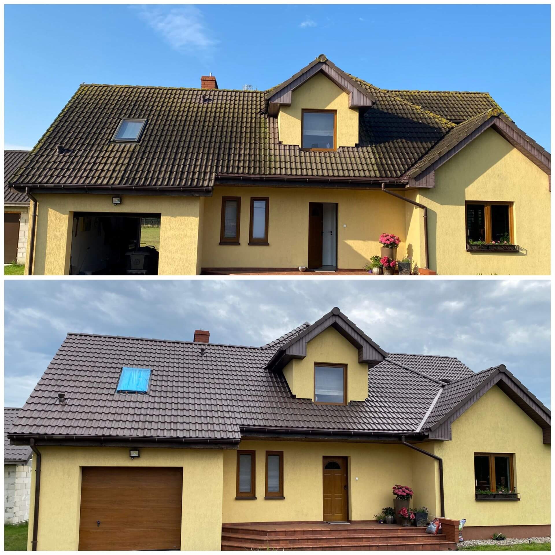 Żółty dom przed i po zabiegu czyszczenia dachu z mchu i zabrudzeń. Na górze dach pokryty mchem, na dole czysty, brązowy dach. Widoczne okna i elewacja.