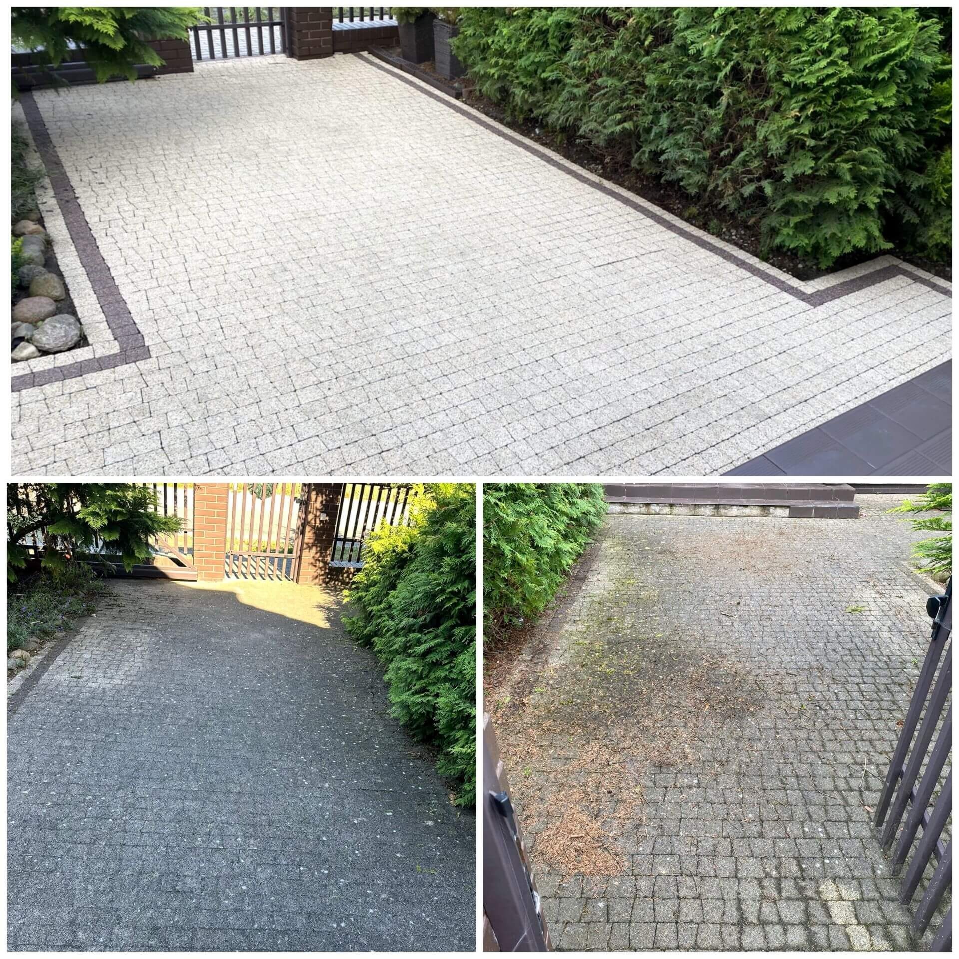 Zdjęcie typu 'przed i po' prezentujące efekt czyszczenia kostki brukowej. Górna część ukazuje czystą, jasną kostkę z bordurą, dolna - zabrudzoną, ciemną kostkę.