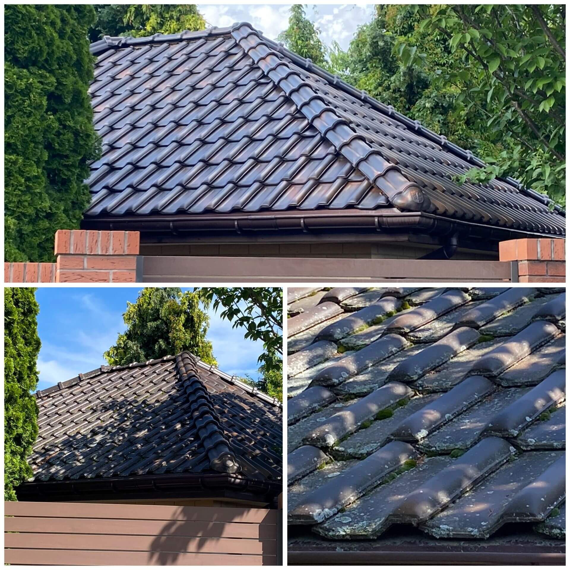 Kafelkowy dach po zabiegach czyszczących, z brązowymi rynnami i zielonymi drzewami w tle. Widoczne detale czystych i zadbanych dachówek.