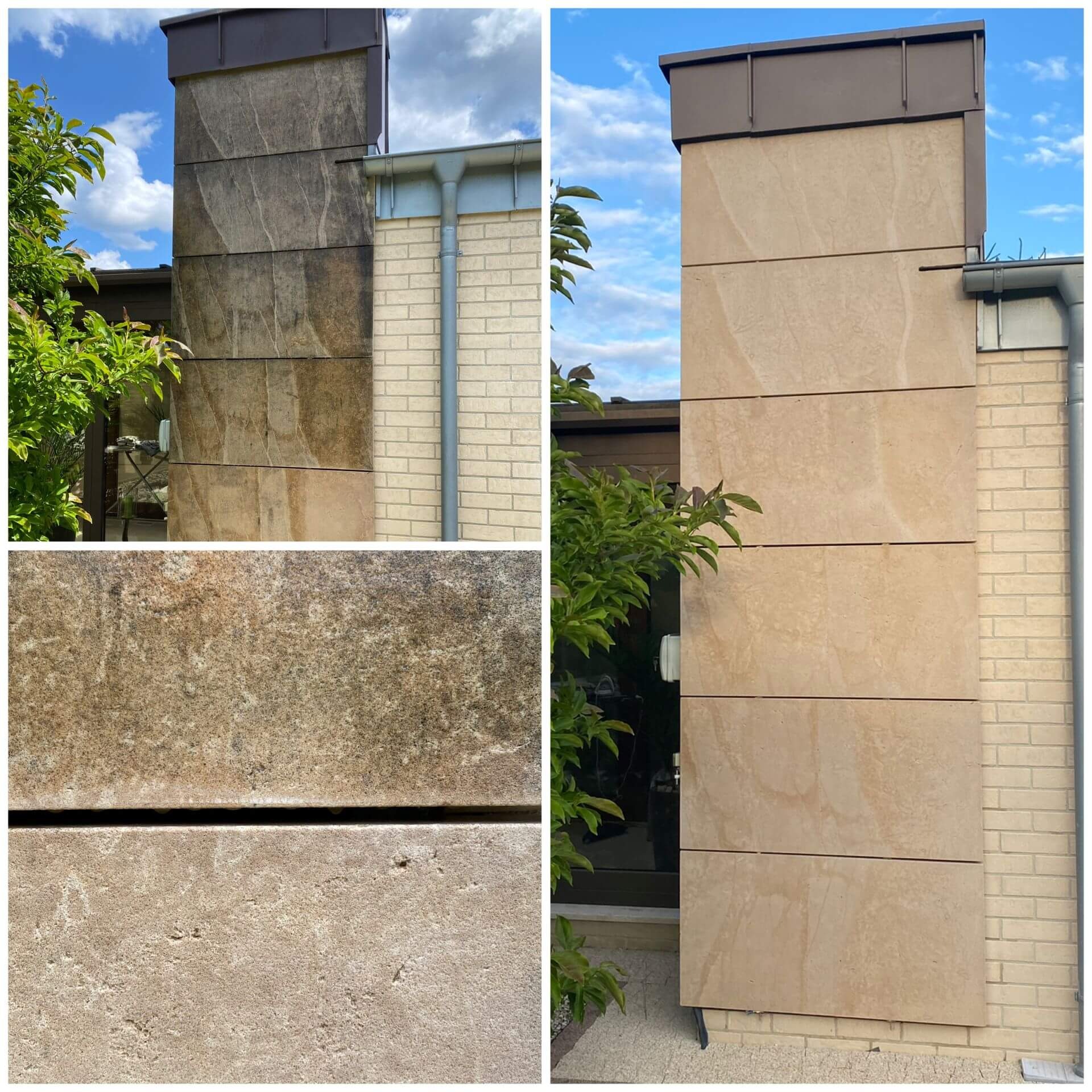 Elewacja budynku z efektem przed i po czyszczeniu. Część ściany brudna, część czysta. Widoczna rynna i fragment zieleni. Kamienna tekstura i ceglana ściana w tle.