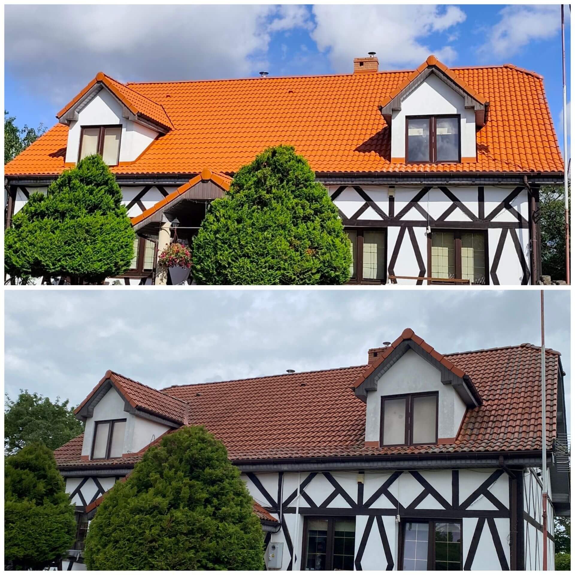 Zdjęcie 'przed i po' prezentuje efekt umycia dachu z pomarańczowej dachówki na budynku w stylu szachulcowym. Widoczne różnice w czystości i kolorze.