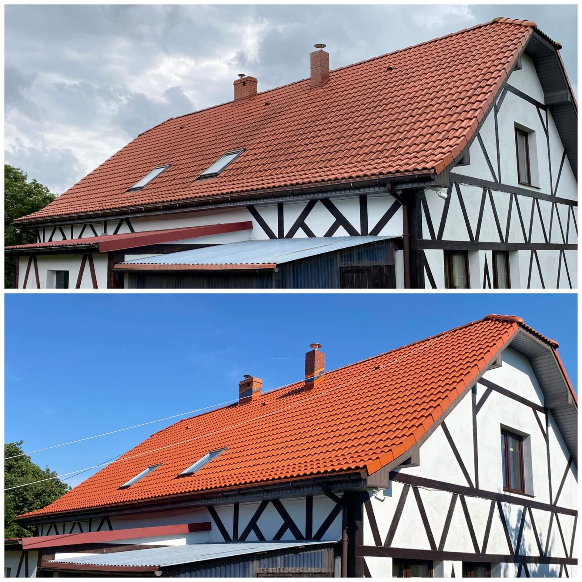Porównanie dachu przed i po renowacji: Czerwona dachówka, biała elewacja z ciemnym szkieletem, okna dachowe. U góry dach zabrudzony, na dole odnowiony, czysty.