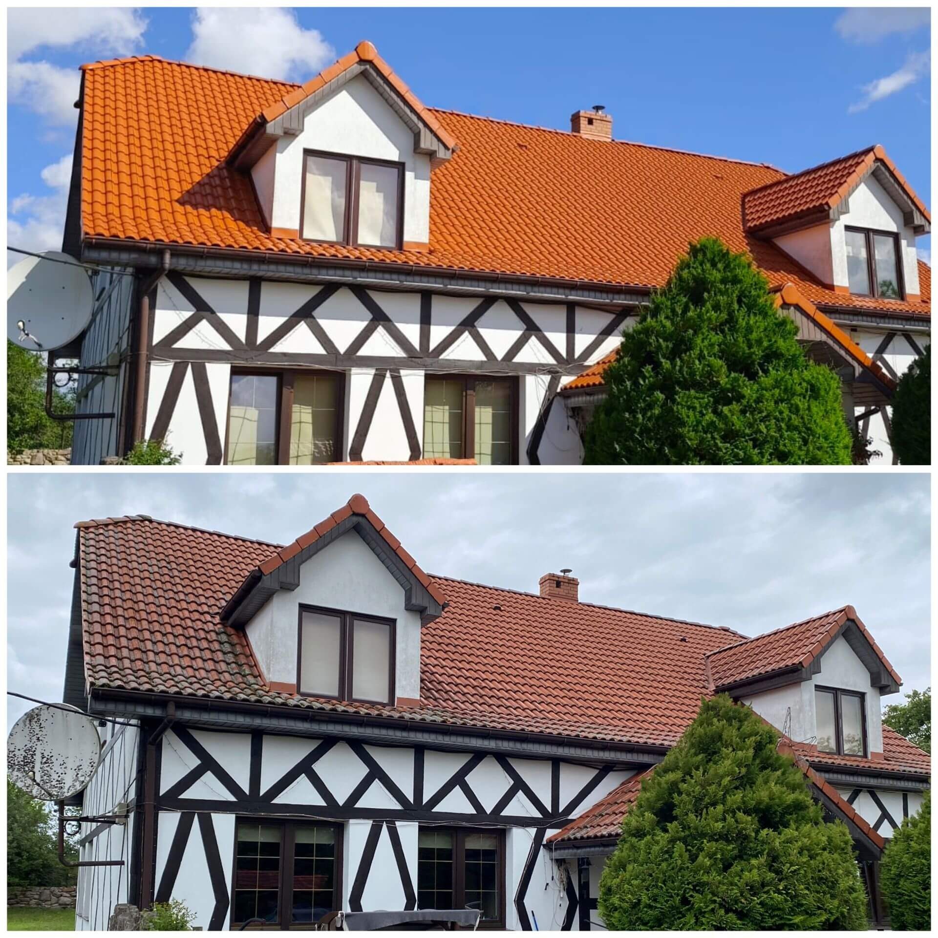 Zdjęcie 'przed i po' prezentujące dom z odnowionym, pomarańczowym dachem i czystą elewacją w stylu szachulcowym, kontrastujące z zabrudzonym stanem początkowym.