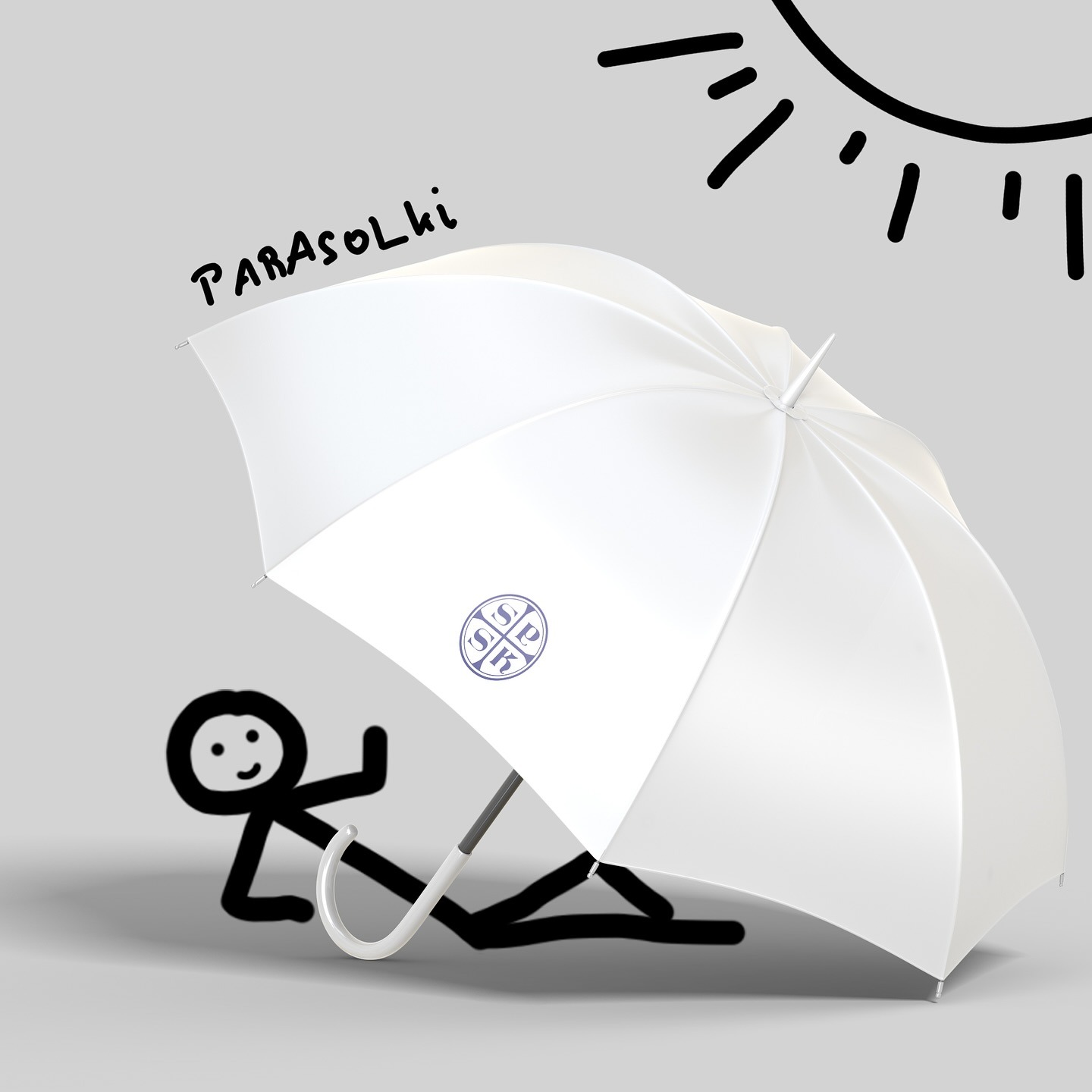 Biały parasol z logo firmy i rysunkiem stylizowanego ludzika relaksującego się w cieniu, z napisem 'PARASOLKI' i rysunkiem słońca w tle.