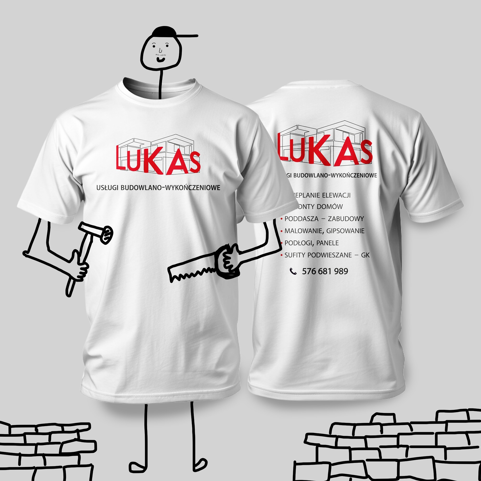 Dwie białe koszulki z nadrukowanym logo firmy budowlano-wykończeniowej LUKAS, prezentujące zakres usług: elewacje, domy, poddasza, malowanie, podłogi, sufity, oraz numer telefonu, w humorystycznej...