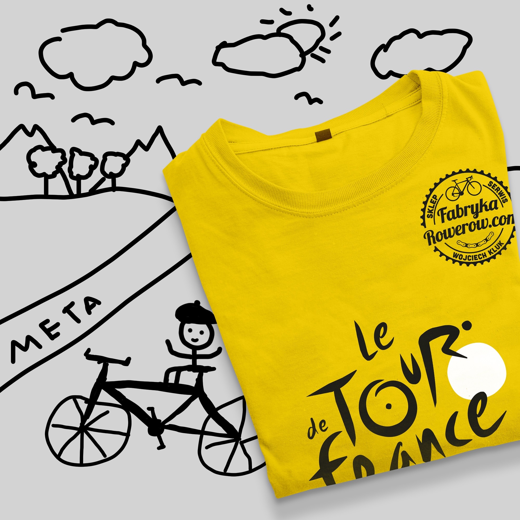 Żółta koszulka z czarnym nadrukiem 'Le Tour de France' oraz logo sklepu rowerowego, na tle rysunku przedstawiającego wyścig rowerowy z metą i kolarzem w berecie.
