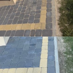 KANBUD - mycie kostki brukowej, podjazdów, elewacji - Kostka brukowa przed i po czyszczeniu: górna część brudna, dolna umyta. Widoczne różnice w kolorze i czystości fug. Kadr z bliska, ostre światło.