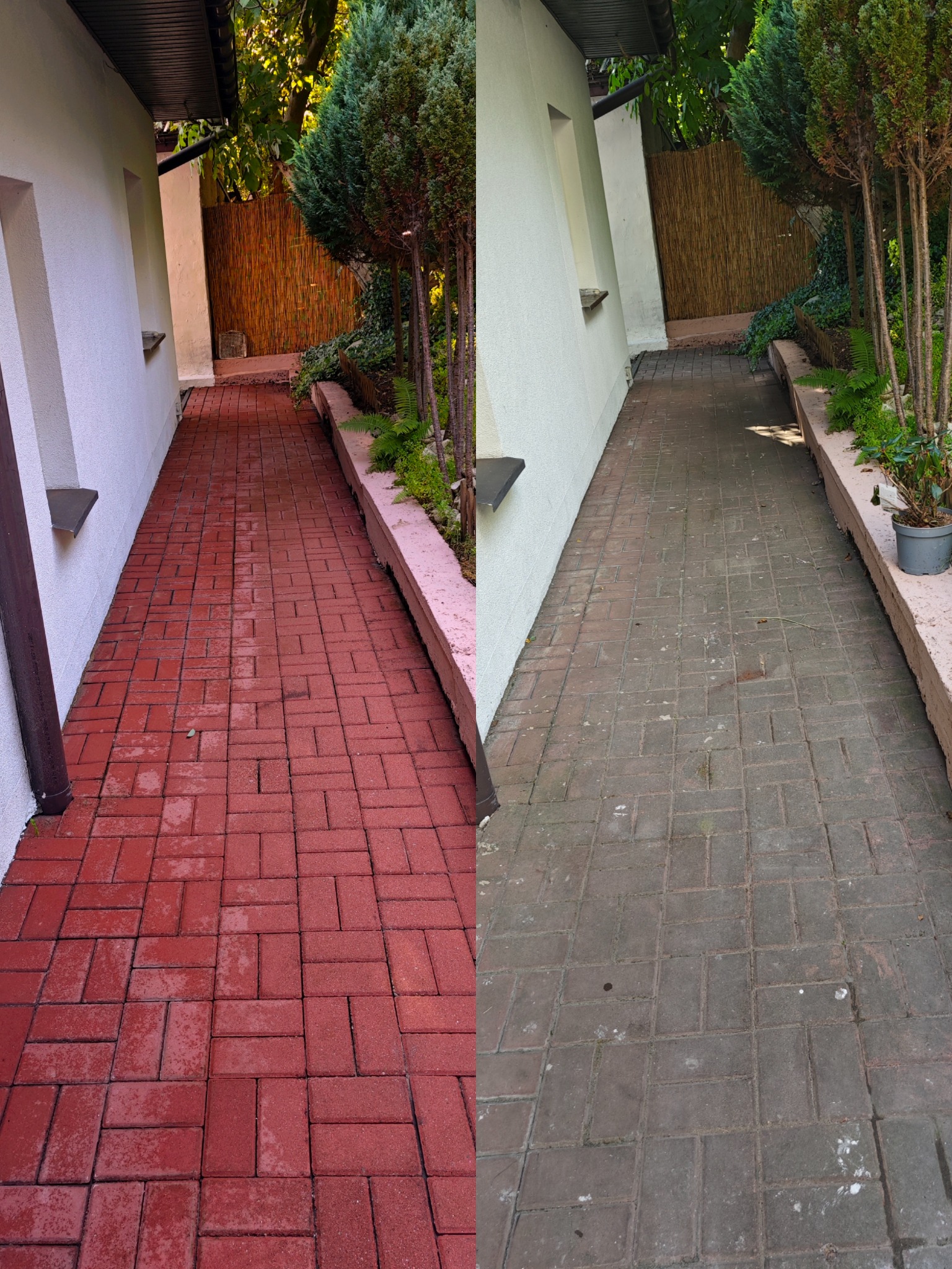Porównanie stanu kostki brukowej przed i po czyszczeniu, widoczna różnica w kolorze i usuniętych zabrudzeniach w wąskim przejściu między budynkami.