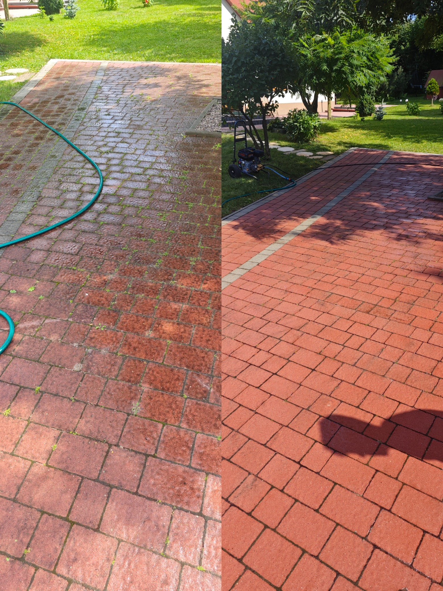 Czerwona kostka brukowa przed i po myciu wysokociśnieniowym; po lewej stronie widoczny brud i mech, po prawej czysta powierzchnia. W tle zielony trawnik i drzewa.