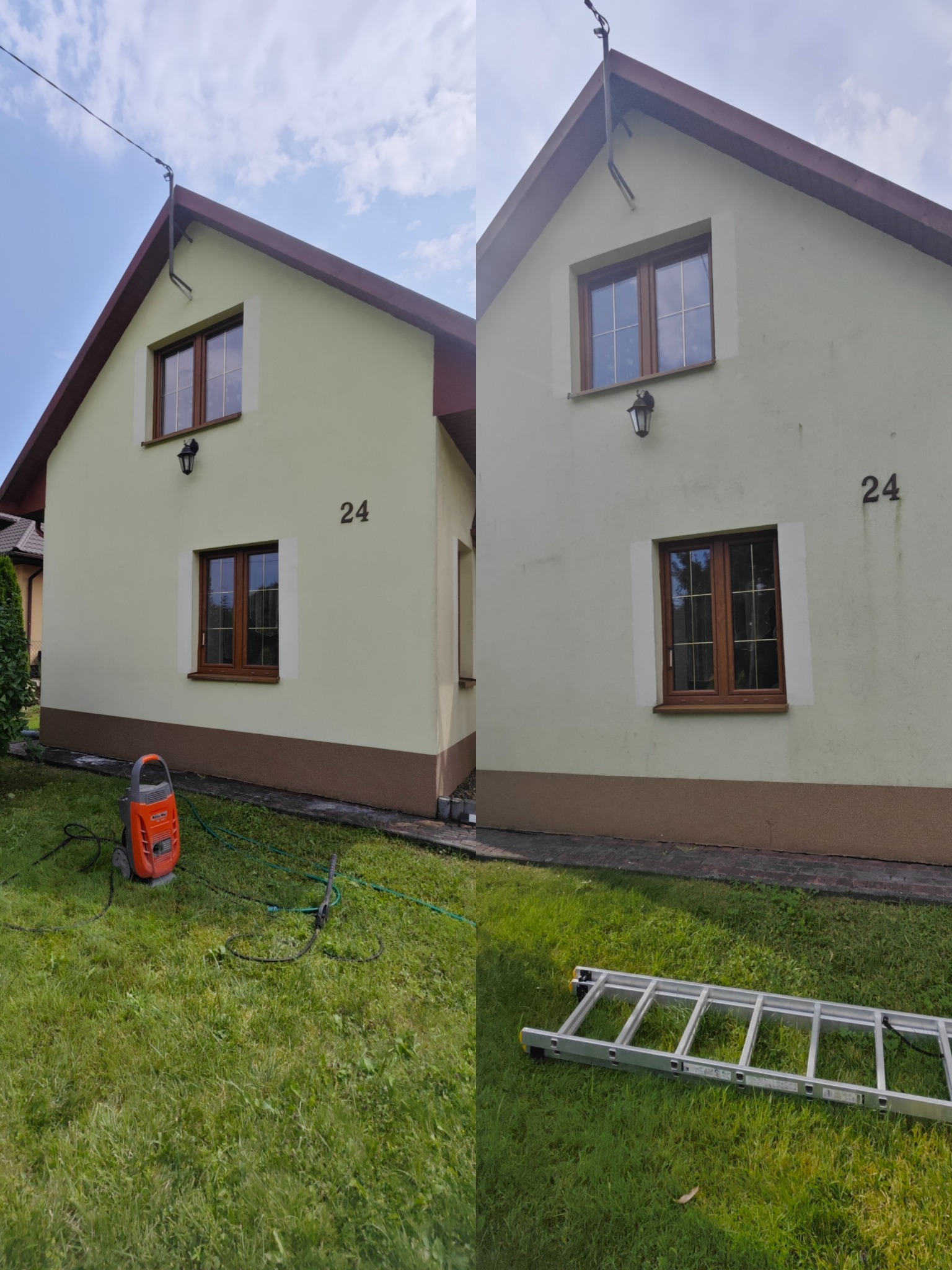 Porównanie elewacji domu przed i po czyszczeniu, widoczna różnica w kolorze i czystości, na trawniku leży drabina i stoi myjka ciśnieniowa.