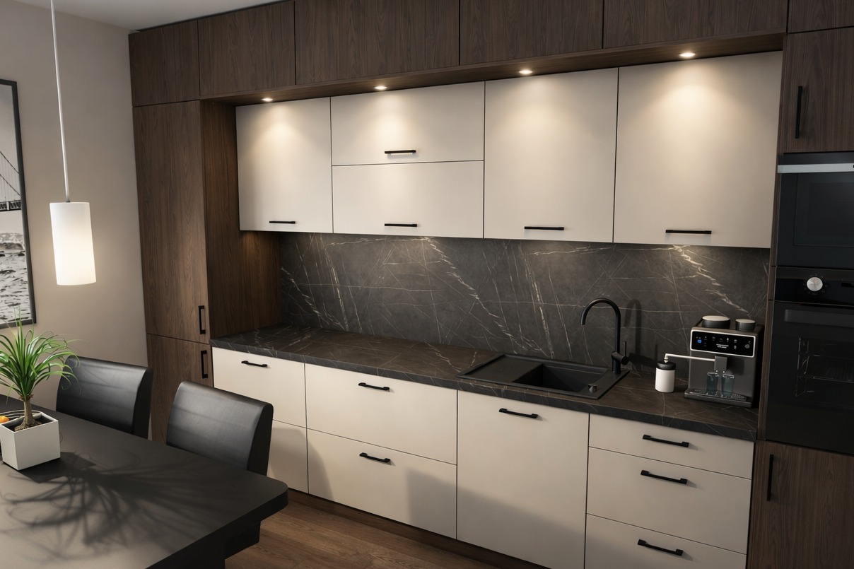 Nowoczesna kuchnia z białymi frontami i ciemnym blatem, uzupełniona o drewnopodobne szafki boczne i sprzęt AGD. Minimalistyczny design z czarnymi uchwytami i marmurowym backsplash.