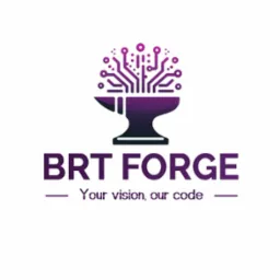 Logo firmy BRT FORGE: kowadło z cyfrowym drzewem, fioletowy gradient, slogan 'Your vision, our code'.