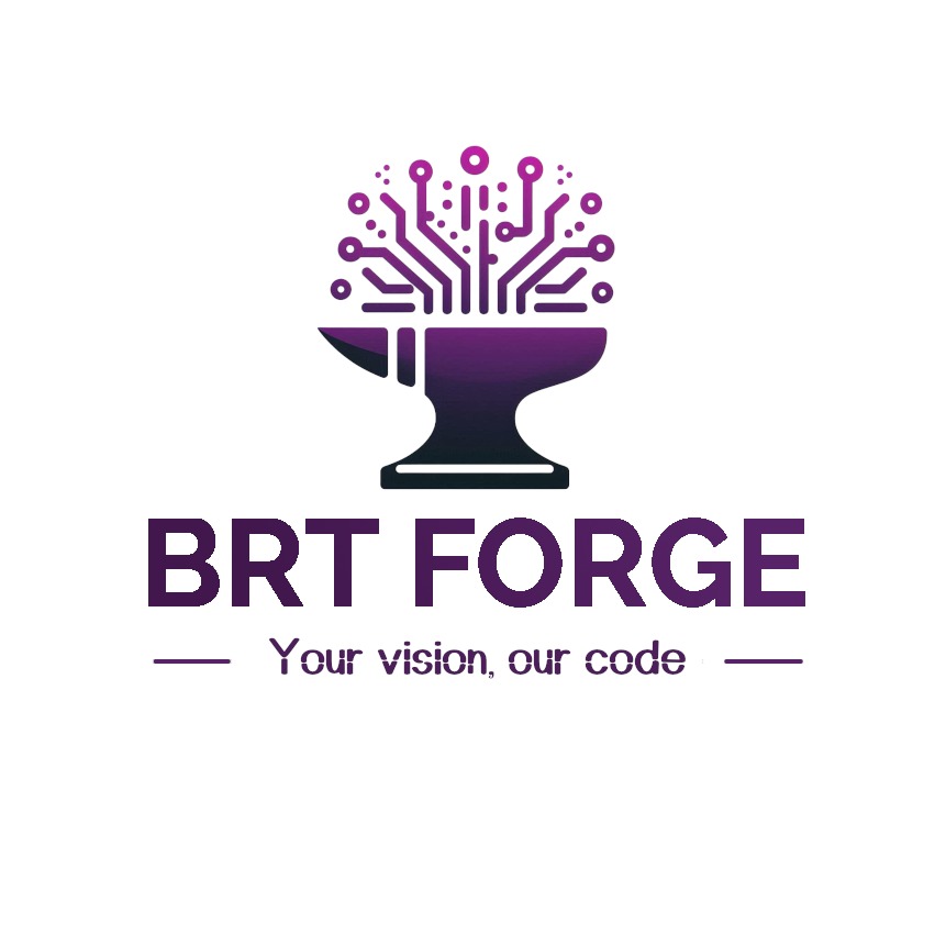 Logo firmy BRT FORGE: kowadło z cyfrowym drzewem, fioletowy gradient, slogan 'Your vision, our code'.