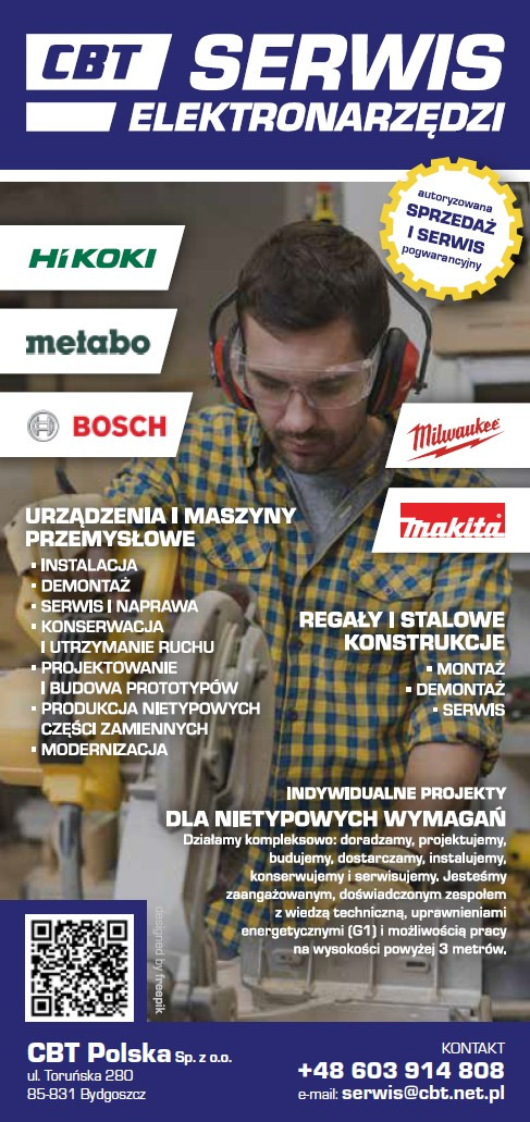 Plakat reklamowy serwisu elektronarzędzi CBT z logotypami marek HiKOKI, Metabo, Bosch, Milwaukee, Makita. Oferta obejmuje instalacje, demontaż, serwis, regały i konstrukcje stalowe.