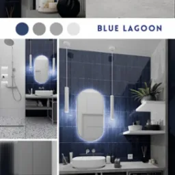 Wizualizacja nowoczesnej łazienki z niebieskimi płytkami, okrągłym podświetlanym lustrem, umywalką nablatową, pralką i podłogą w stylu lastryko.