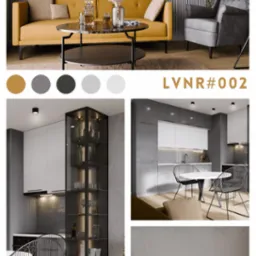 Wizualizacja nowoczesnego wnętrza w Promniku: salon z musztardową sofą, szarym fotelem i abstrakcyjnym obrazem drzewa, połączony z kuchnią w odcieniach szarości i bieli z czarnymi krzesłami...