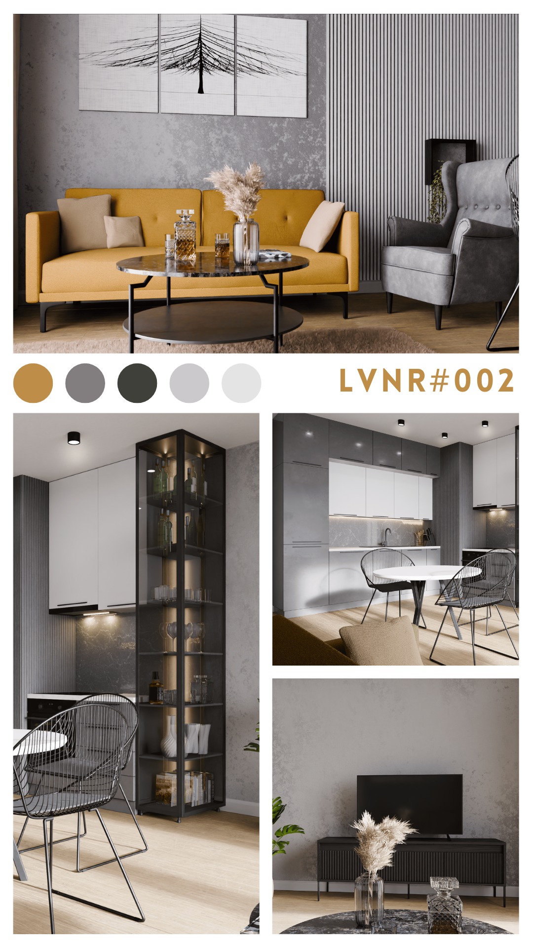 Wizualizacja nowoczesnego wnętrza w Promniku: salon z musztardową sofą, szarym fotelem i abstrakcyjnym obrazem drzewa, połączony z kuchnią w odcieniach szarości i bieli z czarnymi krzesłami...