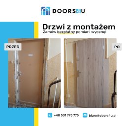 Doors4u S.C. - Zdjęcie typu 'przed i po' prezentujące wymianę drzwi wejściowych, z widocznymi uszkodzeniami ściany przed montażem i odnowionym wyglądem po instalacji, z uwzględnieniem dopasowania kolorystyki...