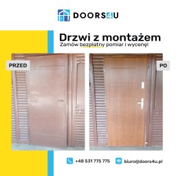 Doors4u S.C. - Porównanie drzwi przed i po renowacji/wymianie: stare, brązowe drzwi z widocznymi śladami użytkowania zestawione z nowymi, drewnopodobnymi drzwiami z nowoczesnym zamkiem i wizjerem.