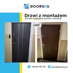 Doors4u S.C. - Porównanie dwóch różnych modeli drzwi wejściowych, jeden grafitowy z geometrycznym wzorem, drugi brązowy z dekoracyjnymi liniami, oba zamontowane w mieszkaniach w Łodzi.