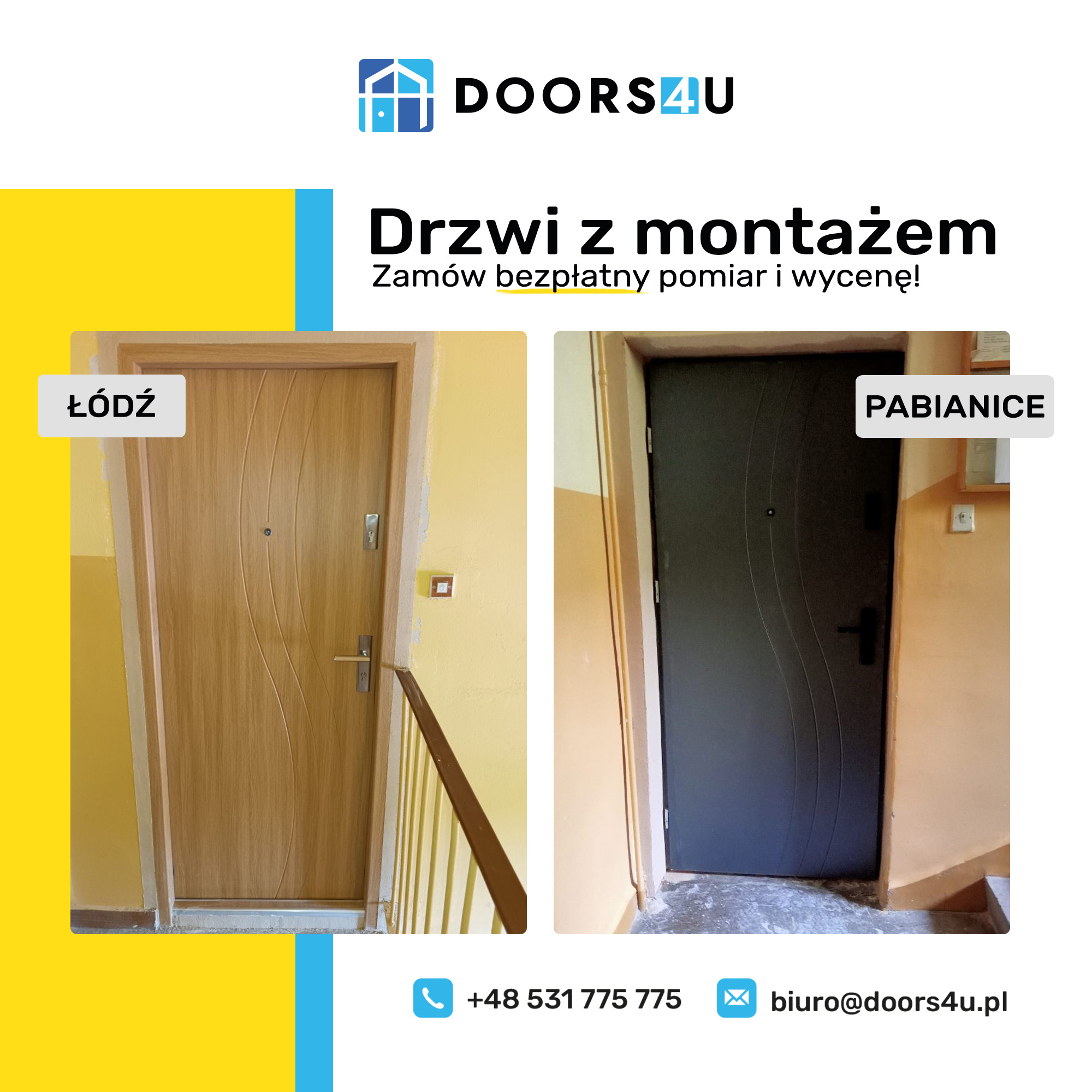 Porównanie dwóch modeli drzwi wejściowych w różnych lokalizacjach: jasne, drewnopodobne w Łodzi i ciemnoszare w Pabianicach, prezentowane w kontekście montażu.