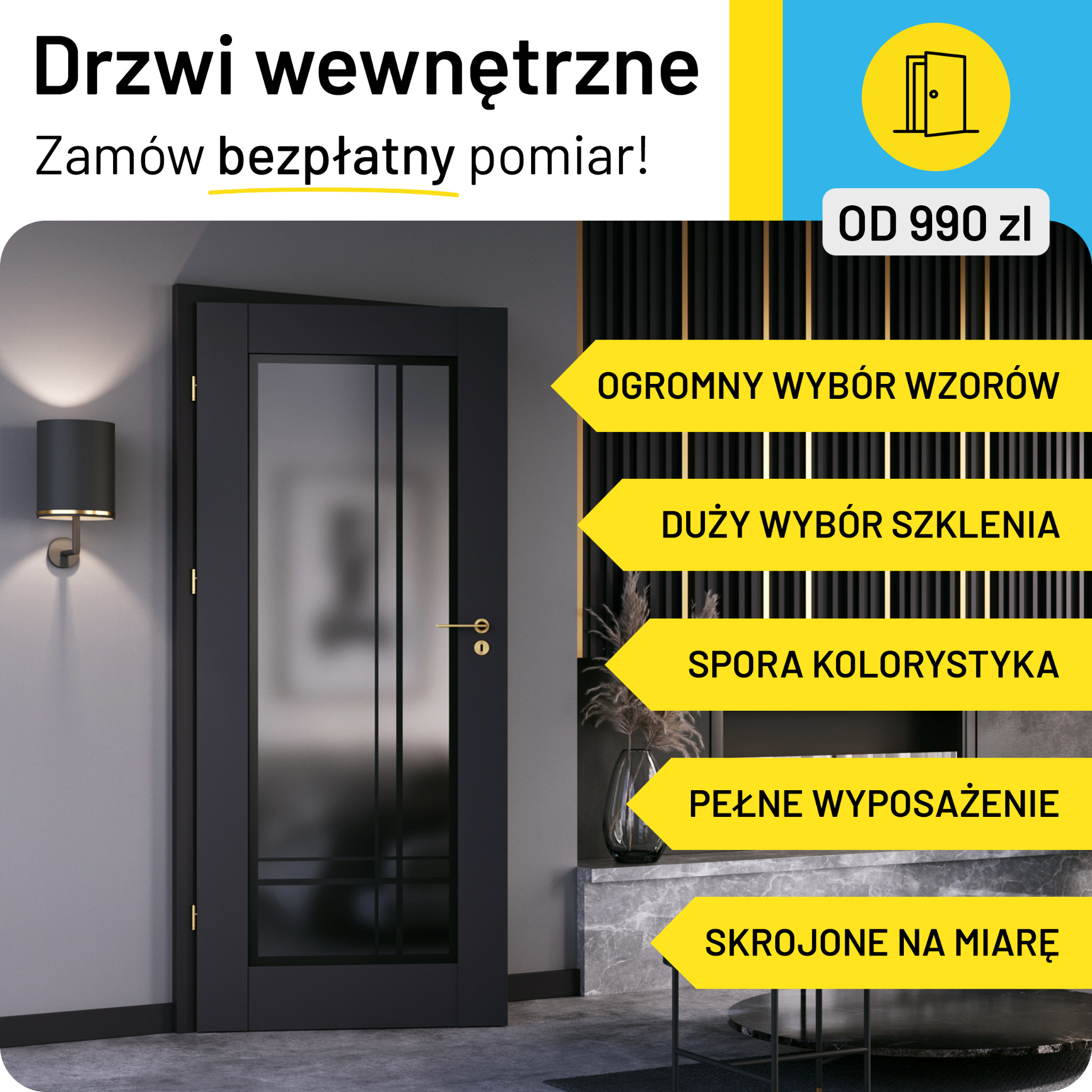 Czarna, nowoczesna ościeżnica z przeszklonymi panelami w minimalistycznym wnętrzu z lampą ścienną i dekoracyjną ścianką. Grafika reklamowa z informacją o bezpłatnym pomiarze i cenie od 990 zł.