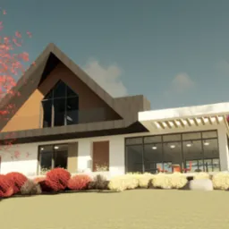 Wizualizacja nowoczesnego domu jednorodzinnego z dachem dwuspadowym i dużymi przeszkleniami, otoczonego kwitnącą roślinnością w odcieniach czerwieni i żółci.