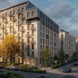 Studio MBG - Realistyczna wizualizacja nowoczesnego kompleksu mieszkalnego z jasną elewacją, metalowymi detalami i licznymi balkonami, w otoczeniu miejskiej zieleni i ulicy z samochodami.