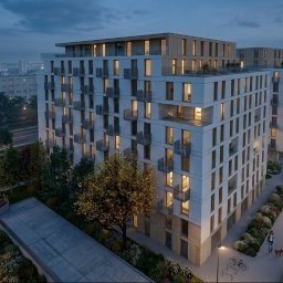 Studio MBG - Nowoczesny kompleks apartamentowców z jasnymi elewacjami i balkonami, oświetlony o zmierzchu. Wokół zadbane ogrody, kręte ścieżki z latarniami, zaparkowane samochody i osoba z psem. W tle panorama...